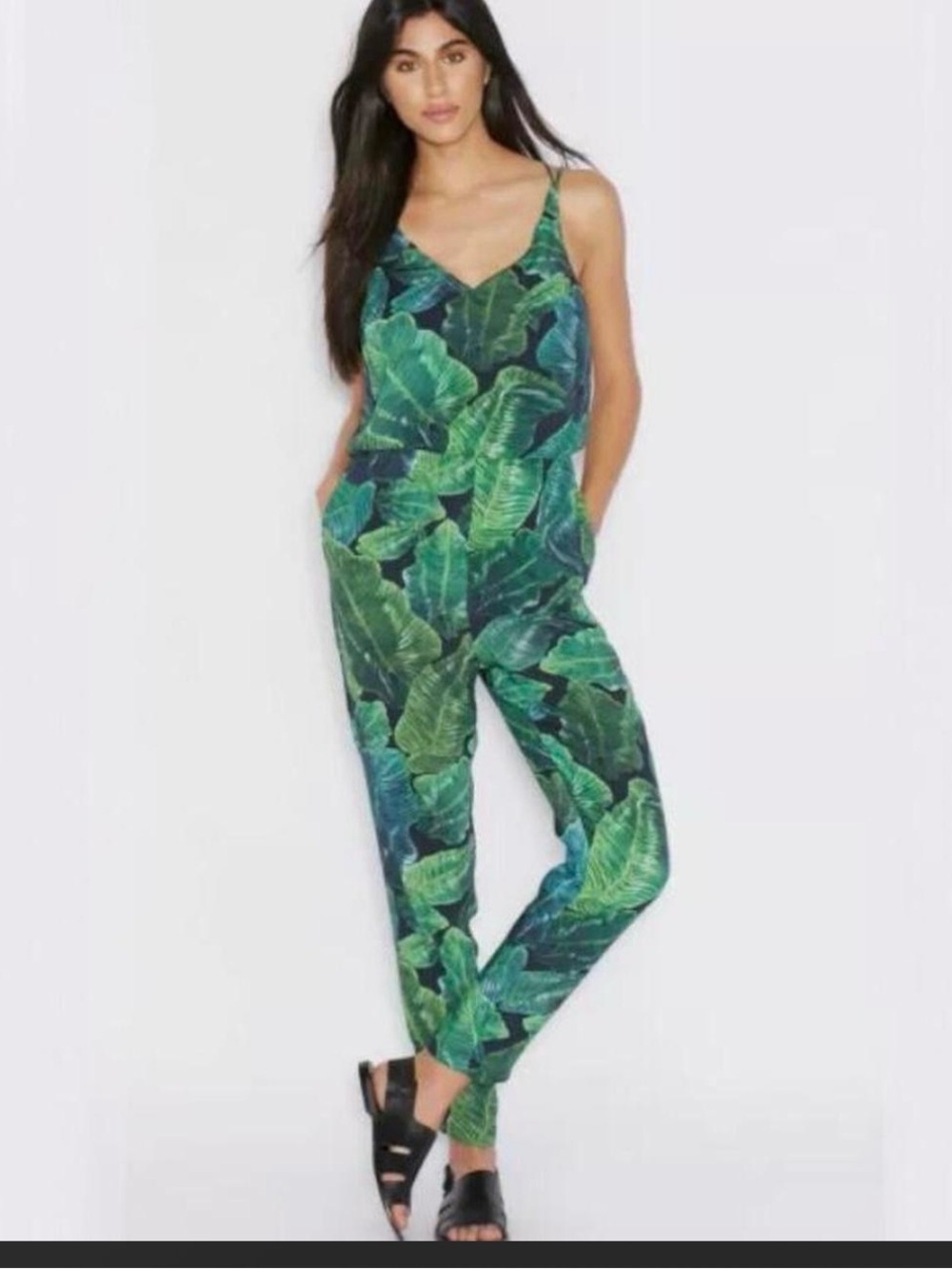 Green Tropical Print V-Neck Jumpsuit Top Shop